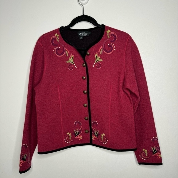Icelandic Design red floral design wool button front sweater jacket - Picture 1 of 9